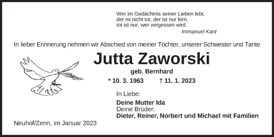 Traueranzeige von Jutta Zaworski von Neustadt/ Scheinfeld/ Uffenheim