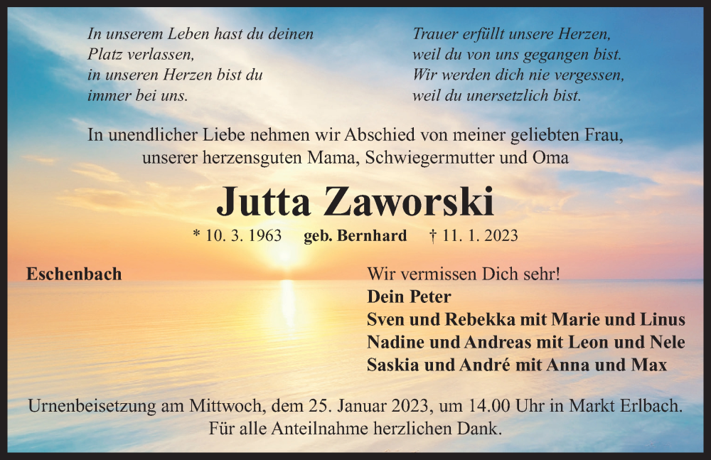  Traueranzeige für Jutta Zaworski vom 21.01.2023 aus Neustadt/ Scheinfeld/ Uffenheim