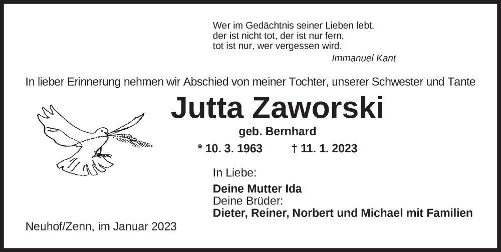  Traueranzeige für Jutta Zaworski vom 23.01.2023 aus Neustadt/ Scheinfeld/ Uffenheim