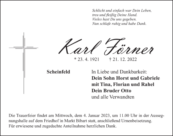 Traueranzeige von Karl Förner von Neustadt/ Scheinfeld/ Uffenheim