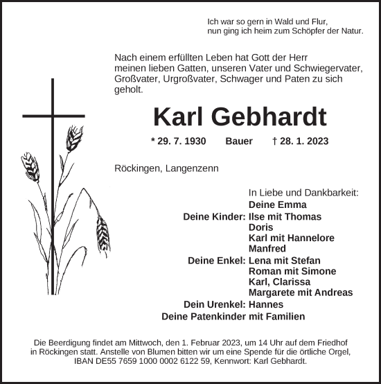 Traueranzeige von Karl Gebhardt von Dinkelsbühl/ Feuchtwangen
