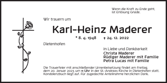 Traueranzeige von Karl-Heinz Maderer von Ansbach