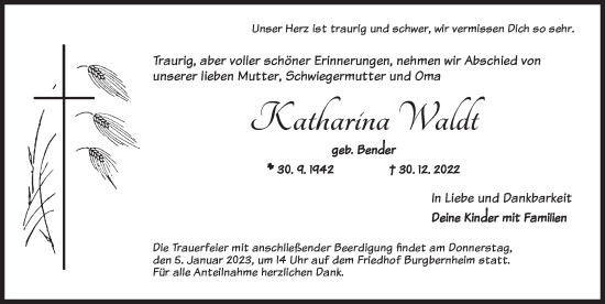 Traueranzeige von Katharina Waldt von Neustadt/ Scheinfeld/ Uffenheim