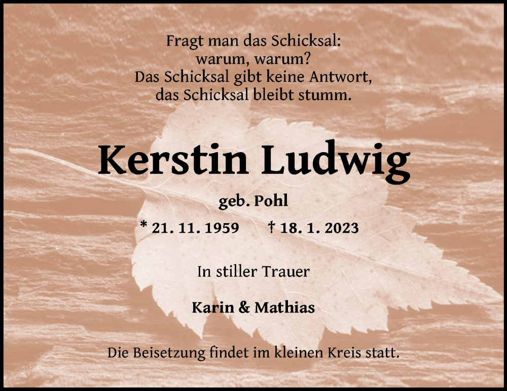  Traueranzeige für Kerstin Ludwig vom 21.01.2023 aus Ansbach