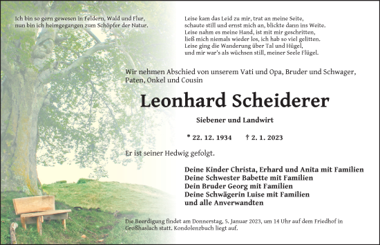 Traueranzeige von Leonhard Scheiderer von Ansbach