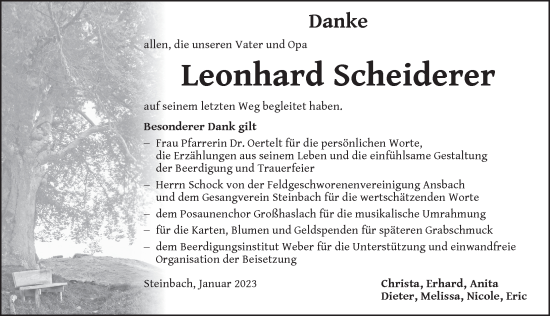 Traueranzeige von Leonhard Scheiderer von Ansbach