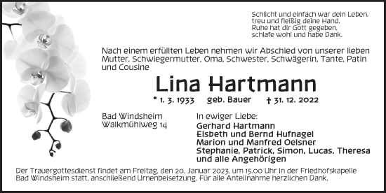 Traueranzeige von Lina Hartmann von Neustadt/ Scheinfeld/ Uffenheim