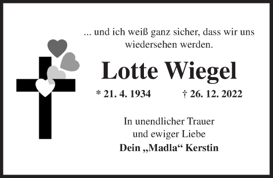 Traueranzeige von Lotte Wiegel von Ansbach