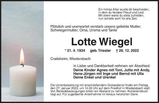 Traueranzeige von Lotte Wiegel von Ansbach