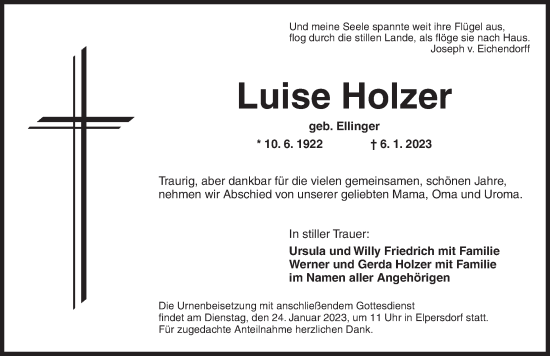 Traueranzeige von Luise Holzer von Ansbach