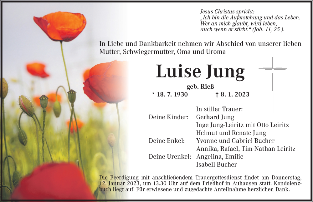  Traueranzeige für Luise Jung vom 11.01.2023 aus Dinkelsbühl/ Feuchtwangen