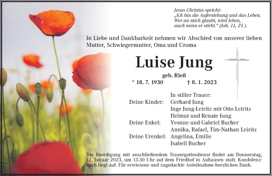 Traueranzeige von Luise Jung von Dinkelsbühl/ Feuchtwangen