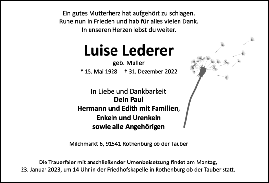 Traueranzeige von Luise Lederer von Rothenburg