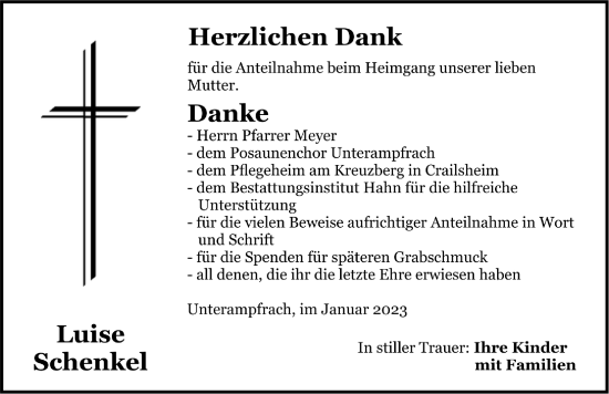 Traueranzeige von Luise Schenkel von Dinkelsbühl/ Feuchtwangen