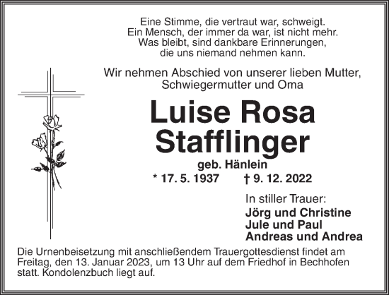 Traueranzeige von Luise Rosa Stafflinger von Dinkelsbühl/ Feuchtwangen