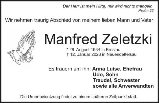 Traueranzeige von Manfred Zeletzki von Ansbach