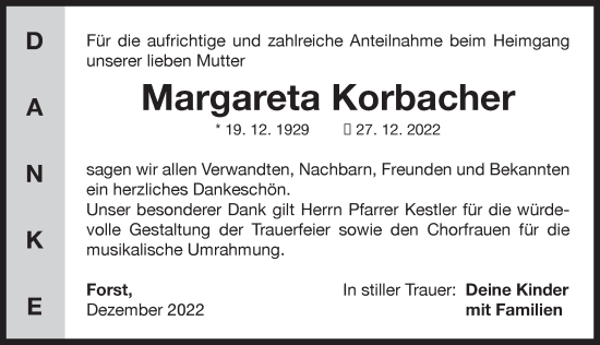 Traueranzeige von Margareta Korbacher von Neustadt/ Scheinfeld/ Uffenheim
