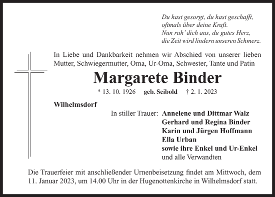 Traueranzeige von Margarete Binder von Neustadt/ Scheinfeld/ Uffenheim