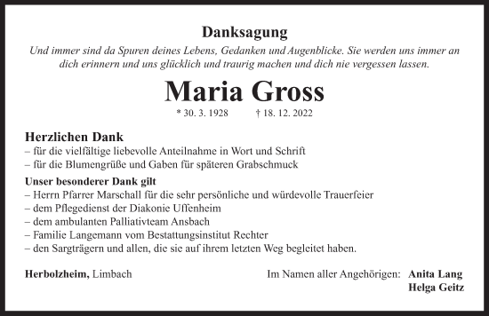 Traueranzeige von Maria Gross von Neustadt/ Scheinfeld/ Uffenheim