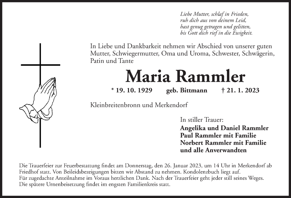 Traueranzeige für Maria Rammler vom 24.01.2023 aus Ansbach