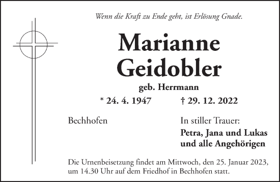 Traueranzeige von Marianne Geidobler von Dinkelsbühl/ Feuchtwangen