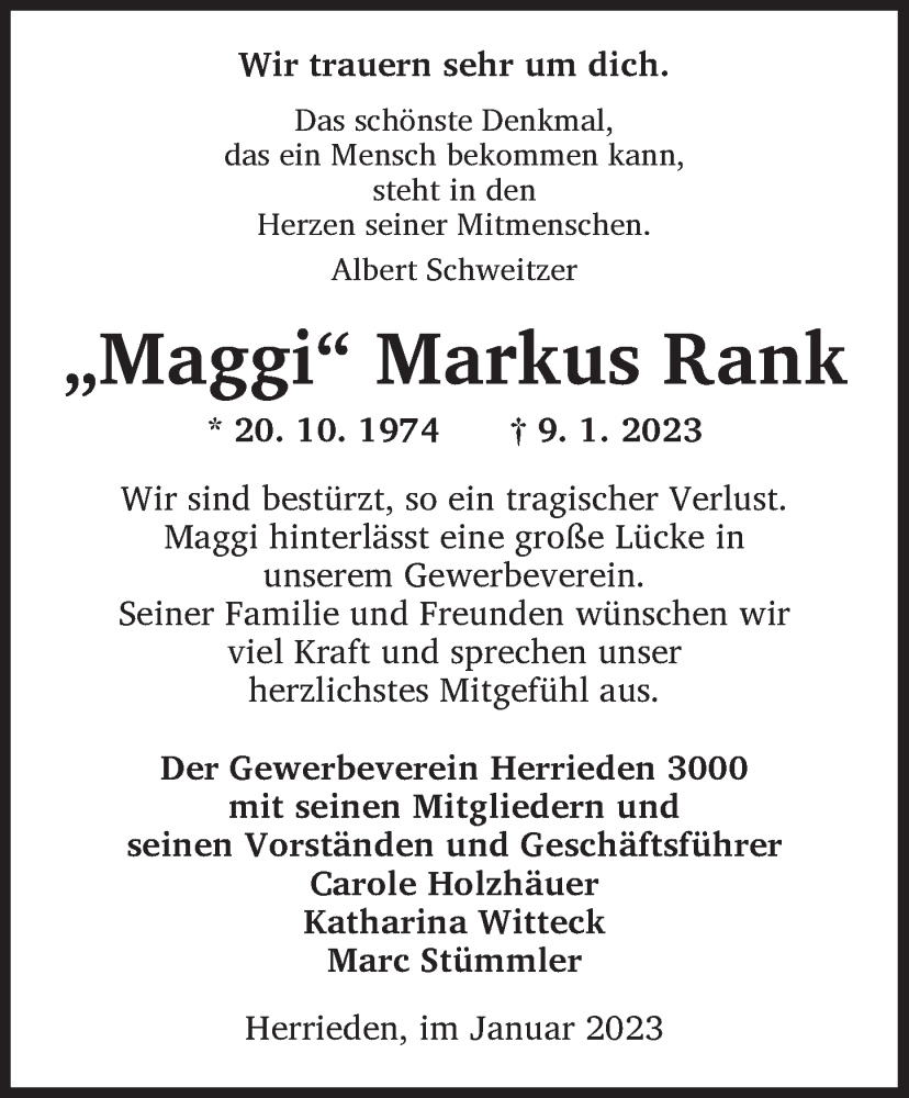  Traueranzeige für Markus Rank vom 13.01.2023 aus Ansbach