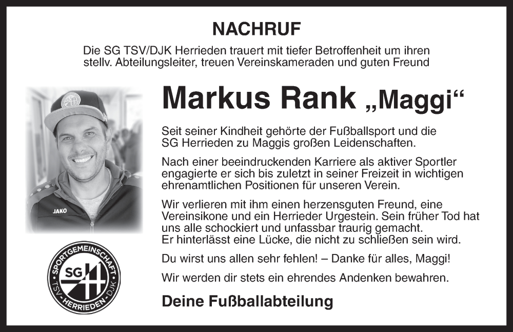  Traueranzeige für Markus Rank vom 13.01.2023 aus Ansbach