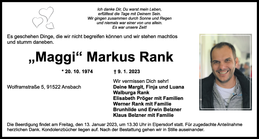  Traueranzeige für Markus Rank vom 12.01.2023 aus Ansbach