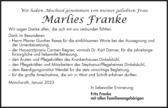 Traueranzeige von Marlies Franke von Dinkelsbühl/ Feuchtwangen