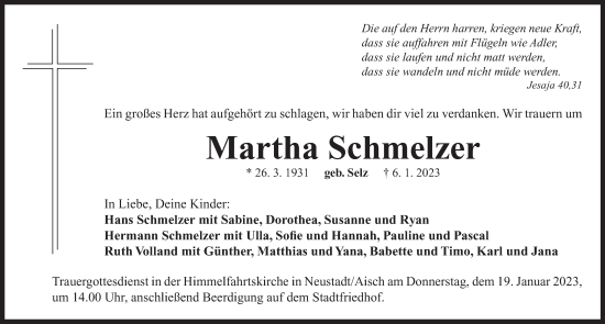 Traueranzeige von Martha Schmelzer von Neustadt/ Scheinfeld/ Uffenheim