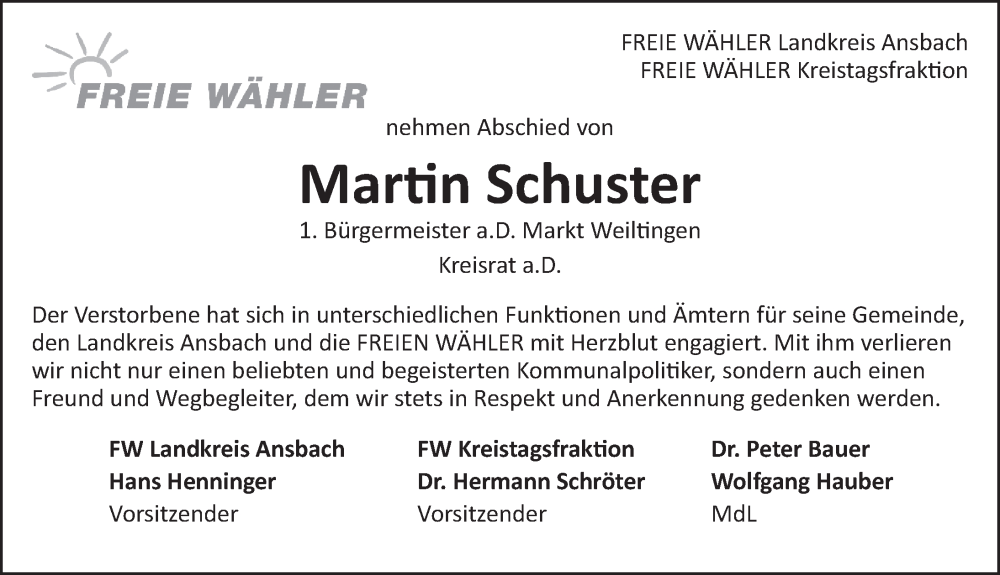  Traueranzeige für Martin Schuster vom 25.01.2023 aus Ansbach