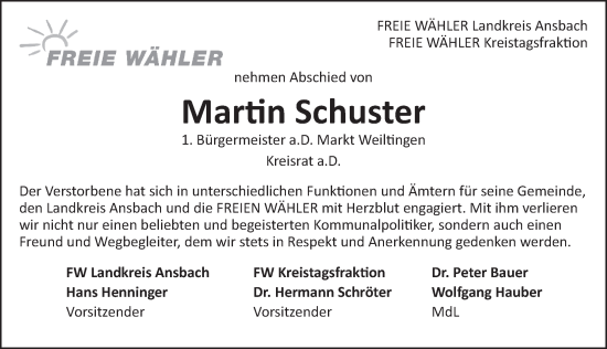 Traueranzeige von Martin Schuster von Ansbach