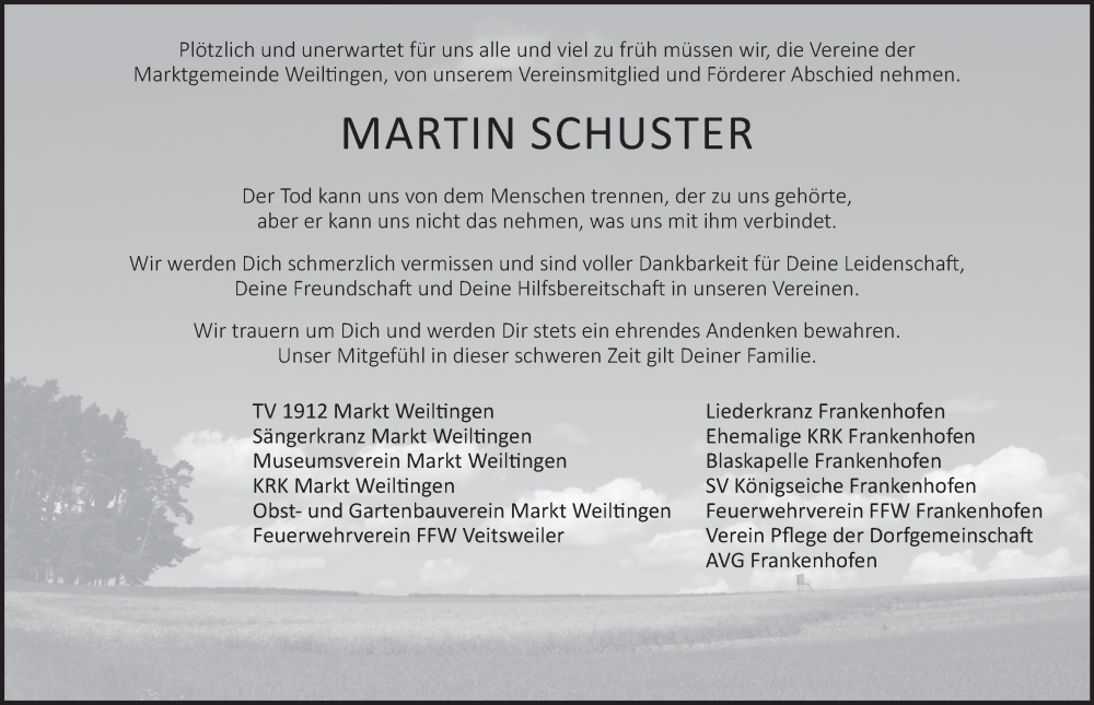  Traueranzeige für Martin Schuster vom 26.01.2023 aus Dinkelsbühl/ Feuchtwangen