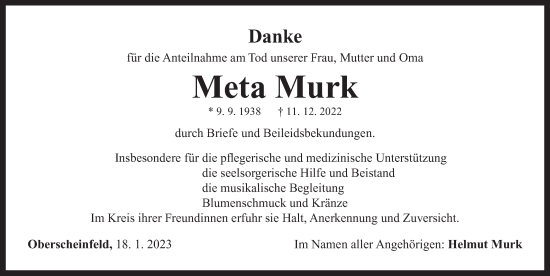 Traueranzeige von Meta Murk von Neustadt/ Scheinfeld/ Uffenheim