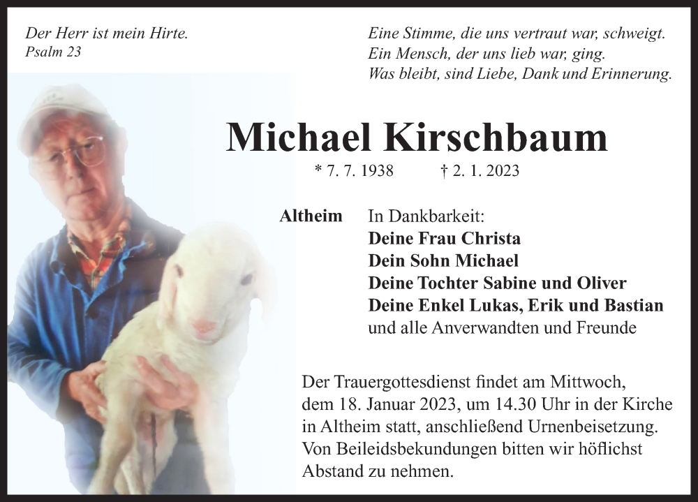  Traueranzeige für Michael Kirschbaum vom 12.01.2023 aus Neustadt/ Scheinfeld/ Uffenheim