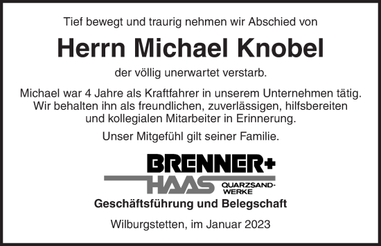 Traueranzeige von Michael Knobel von Dinkelsbühl/ Feuchtwangen