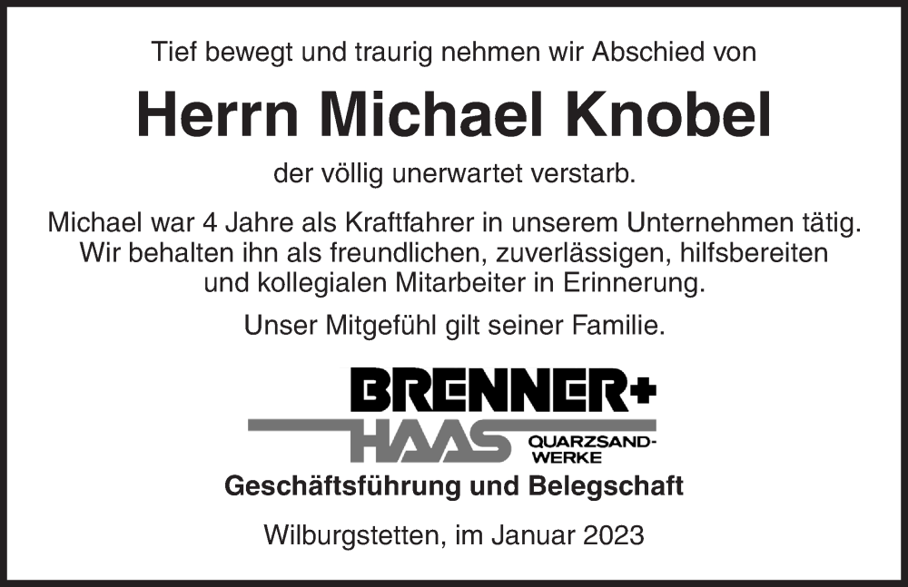  Traueranzeige für Michael Knobel vom 31.01.2023 aus Dinkelsbühl/ Feuchtwangen