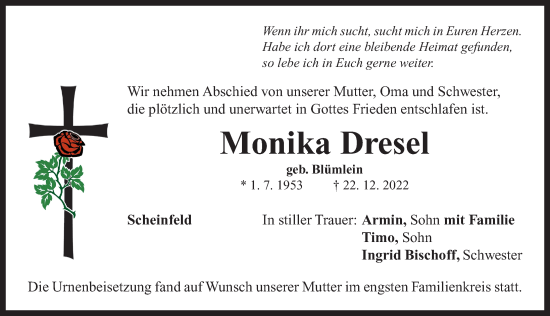 Traueranzeige von Monika Dresel von Neustadt/ Scheinfeld/ Uffenheim