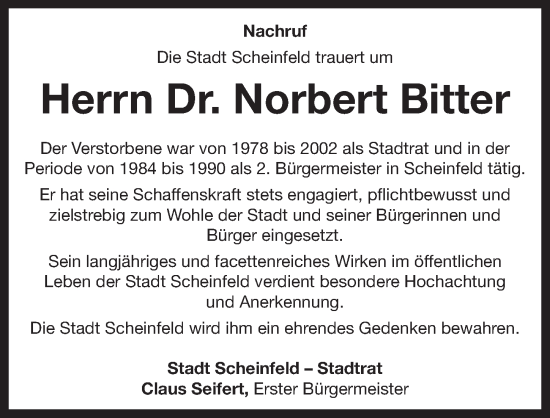 Traueranzeige von Norbert Bitter von Neustadt/ Scheinfeld/ Uffenheim