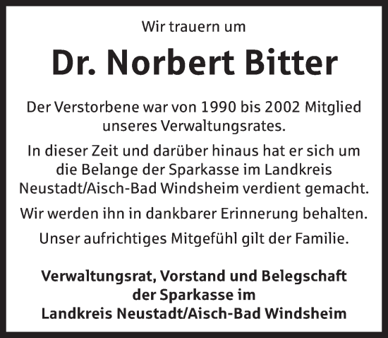 Traueranzeige von Norbert Bitter von Neustadt/ Scheinfeld/ Uffenheim