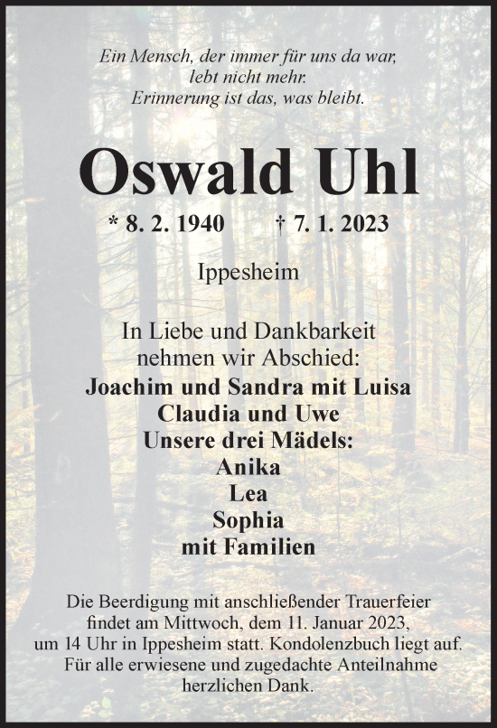 Traueranzeige von Oswald Uhl von Neustadt/ Scheinfeld/ Uffenheim