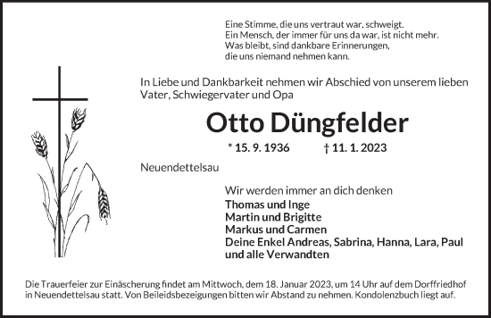 Traueranzeige von Otto Düngfelder von Ansbach