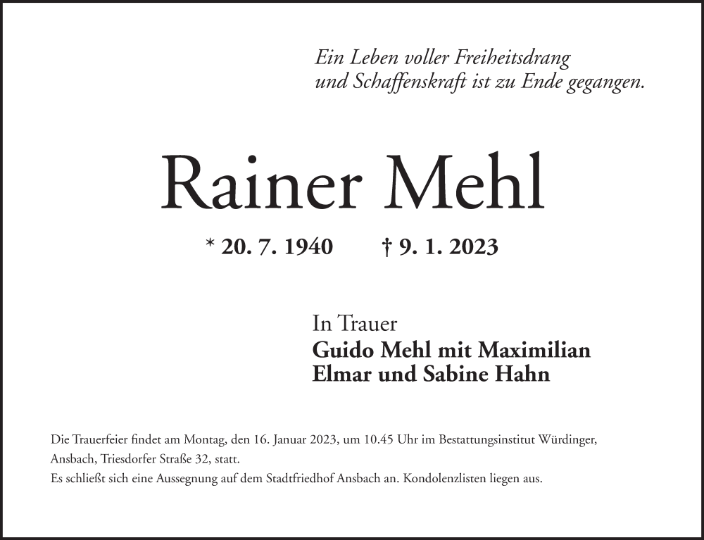  Traueranzeige für Rainer Mehl vom 11.01.2023 aus GE