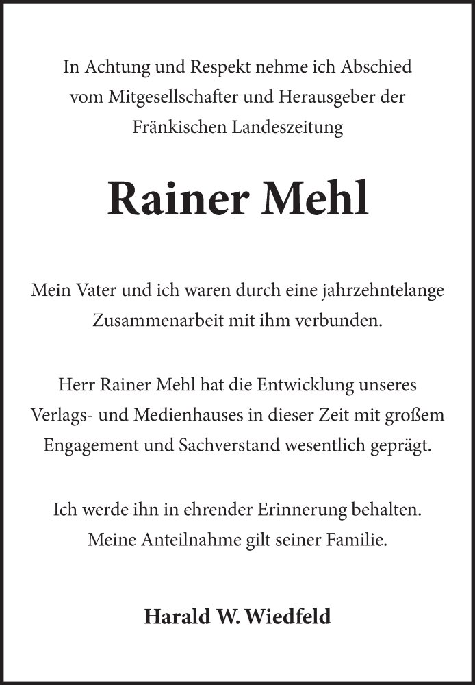  Traueranzeige für Rainer Mehl vom 11.01.2023 aus GE