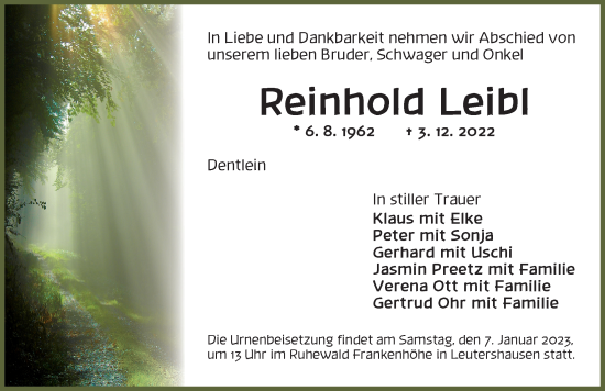 Traueranzeige von Reinhold Leibl von Dinkelsbühl/ Feuchtwangen