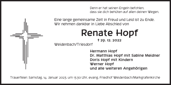 Traueranzeige von Renate Hopf von Ansbach