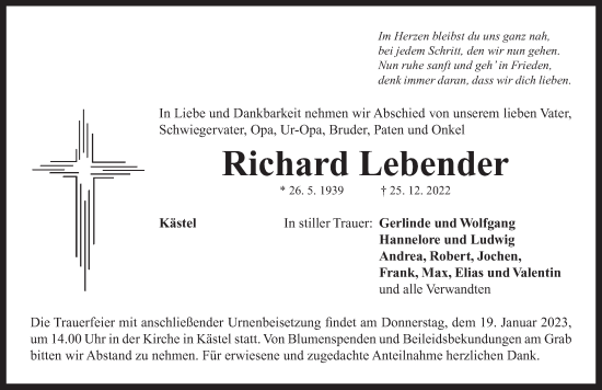 Traueranzeige von Richard Lebender von Neustadt/ Scheinfeld/ Uffenheim