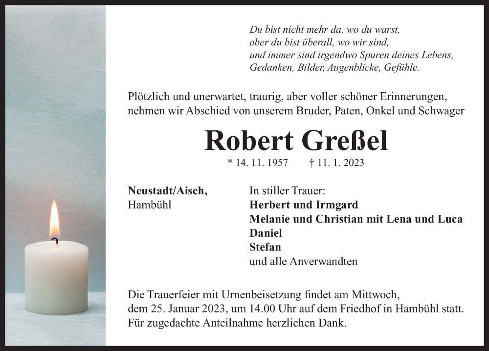  Traueranzeige für Robert Greßel vom 21.01.2023 aus Neustadt/ Scheinfeld/ Uffenheim