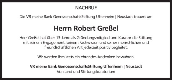 Traueranzeige von Robert Greßel von Neustadt/ Scheinfeld/ Uffenheim