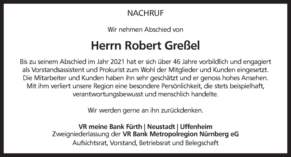  Traueranzeige für Robert Greßel vom 21.01.2023 aus Neustadt/ Scheinfeld/ Uffenheim